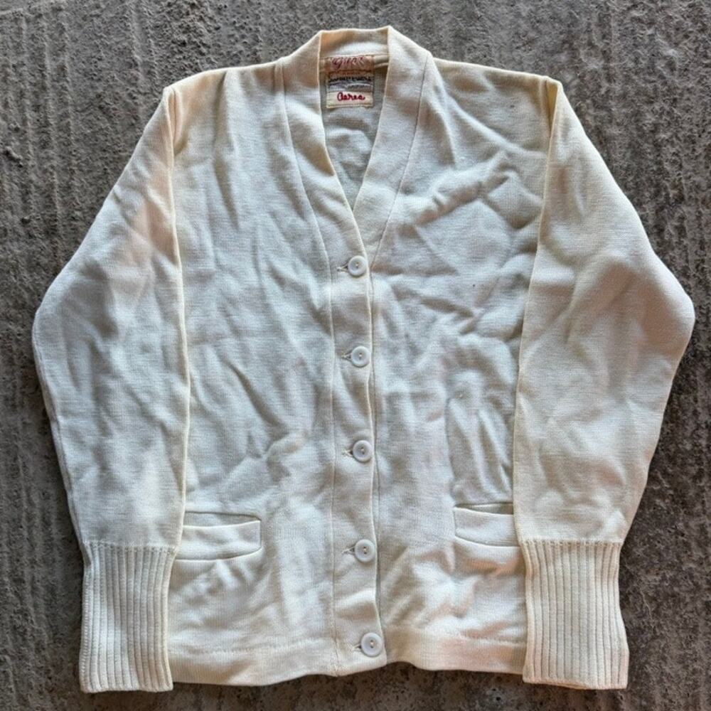 TRUE VINTAGE 60S CREAM VARSITY CARDIGAN CALIFORNIA PREPPY FIT MENS SMALL